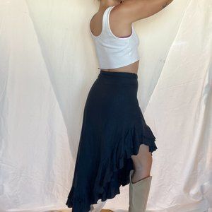 Asymmetrical Linen Ruffle Hem Midi Skirt